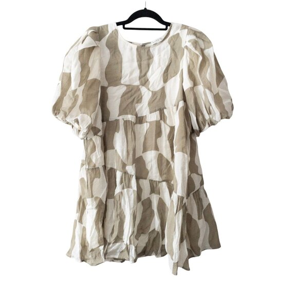 Moon River Puff Sleeve Tiered Mini Dress Beige & White Abstract Pattern M - Picture 2 of 8